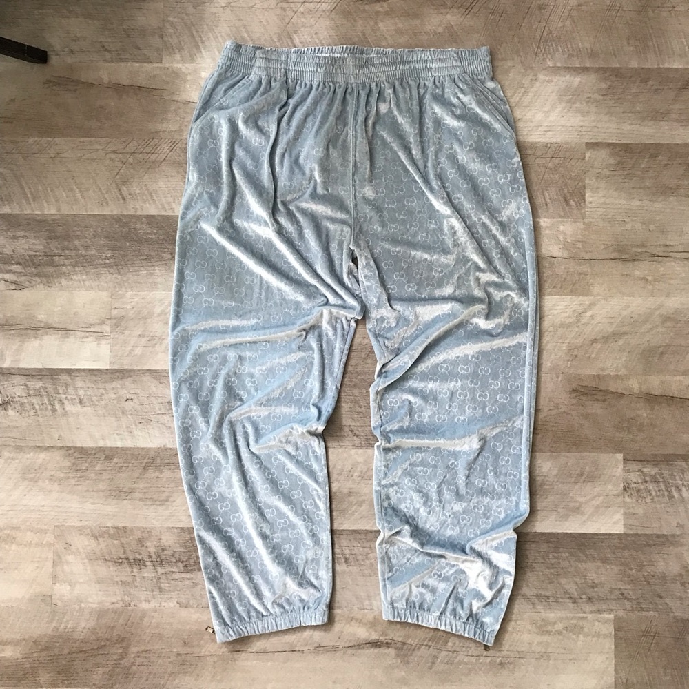 Vintage Gucci Monogrammed Baby Blue Velour Velvet Jogger Pants Sweat Mens Womens